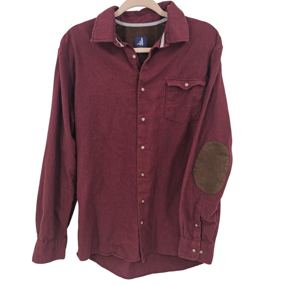 johnnie-O Shirt Men L Burgundy Button Down Suede Elbow Patches Lumberjack Rugged